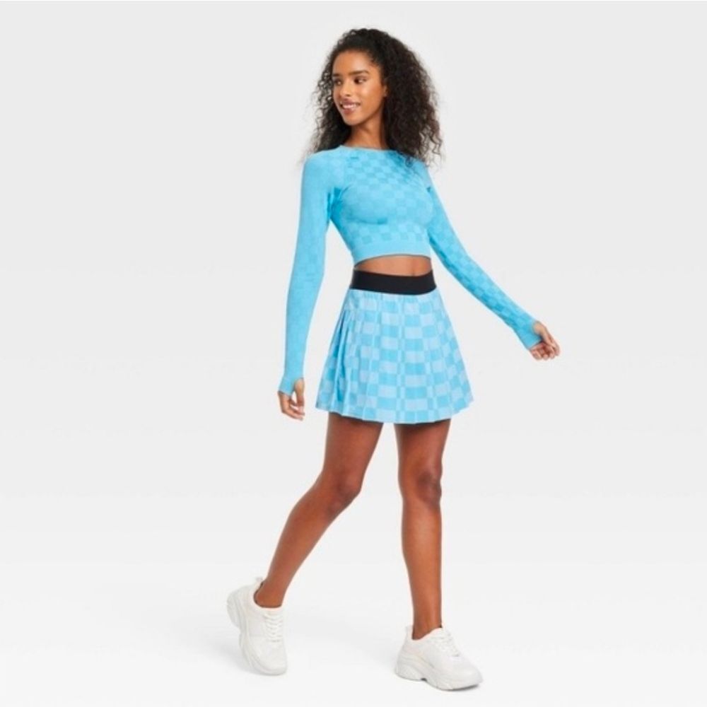 JoyLab Pleated Checkered Blue Tonal Plaid Tennis Pickleball Skirt Skort Shorts L